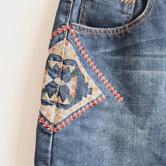 Brave Soul Blue Denim Embroidered Short Skirt UK 14 Zip Pockets - Picture 2 of 6